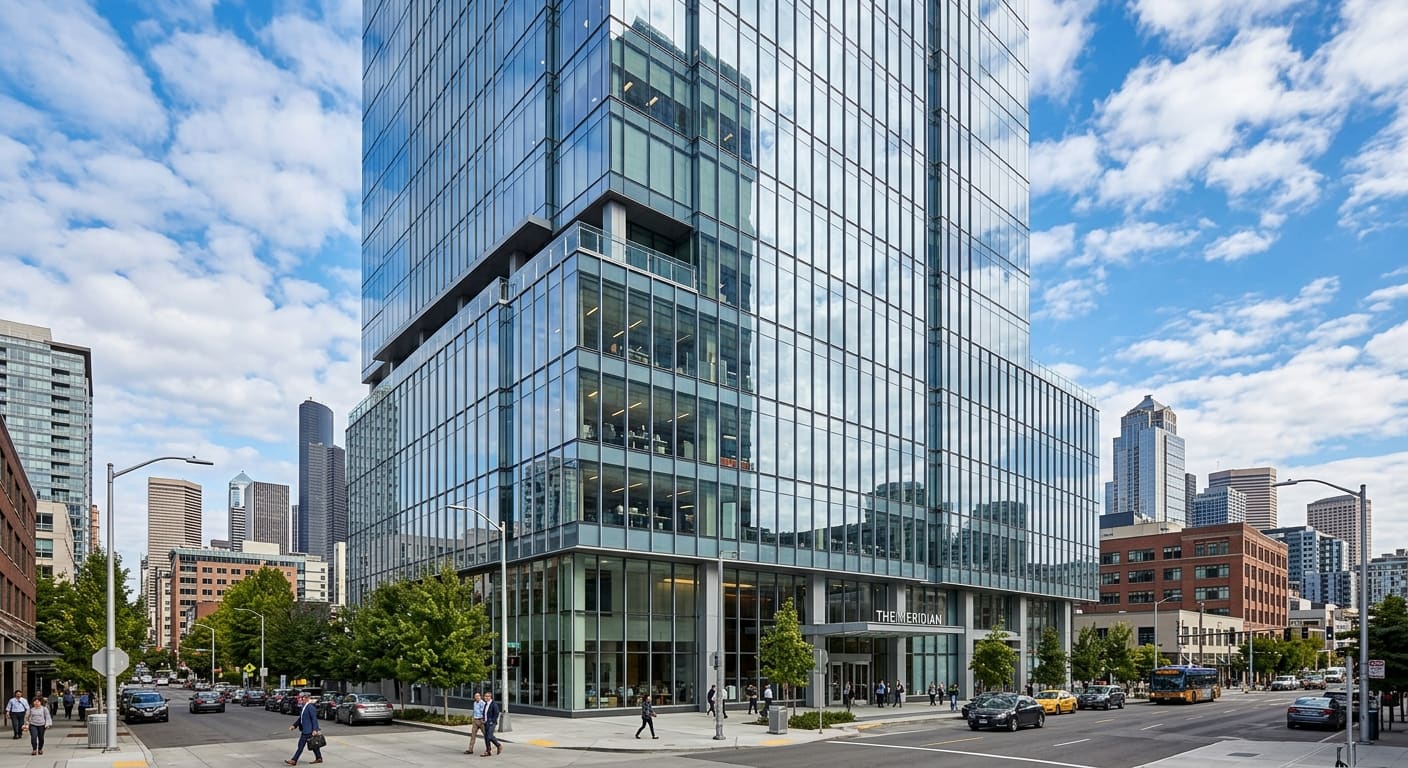 Glass-clad commercial office tower with a curtain-wall facade and a glazed ground-floor entrance