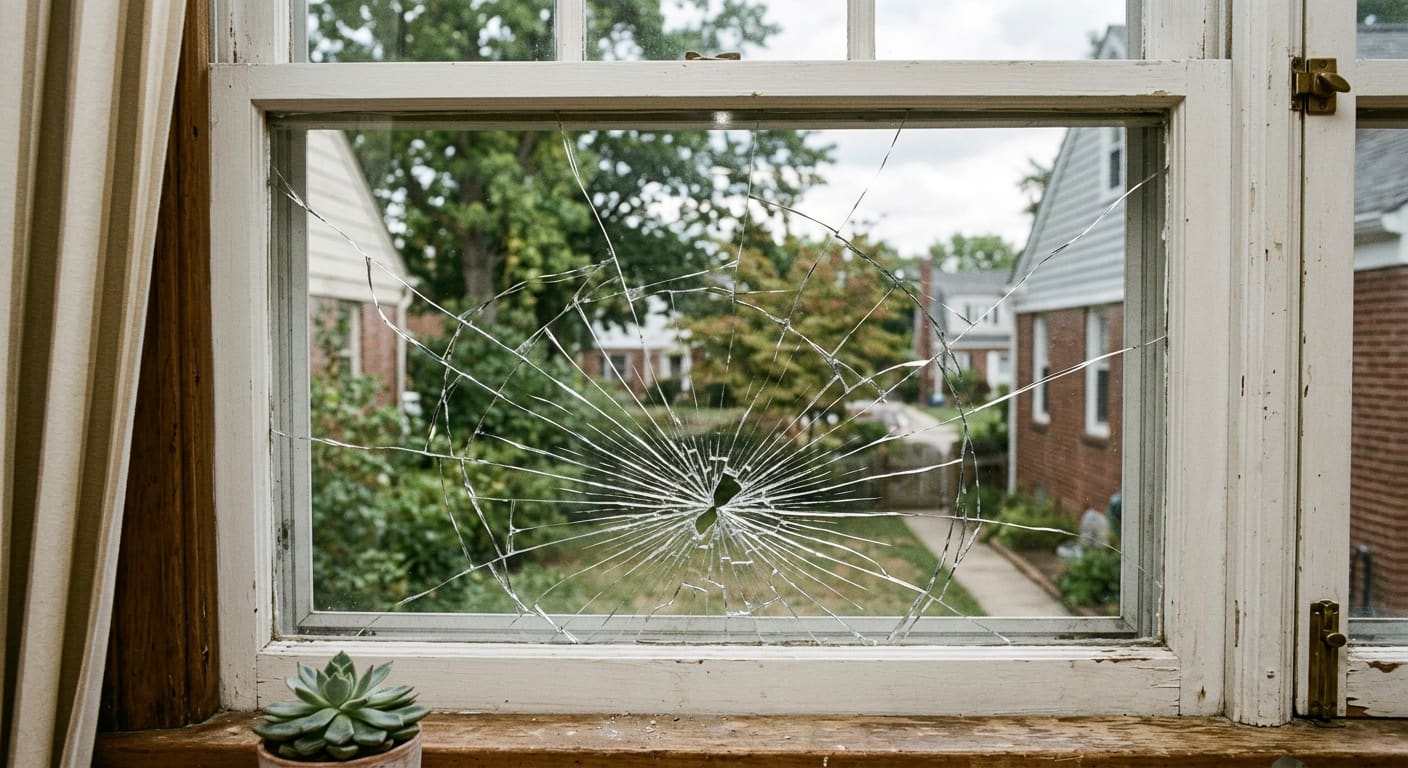 A double-hung window pane cracked in a spider-web pattern, seen from inside a home