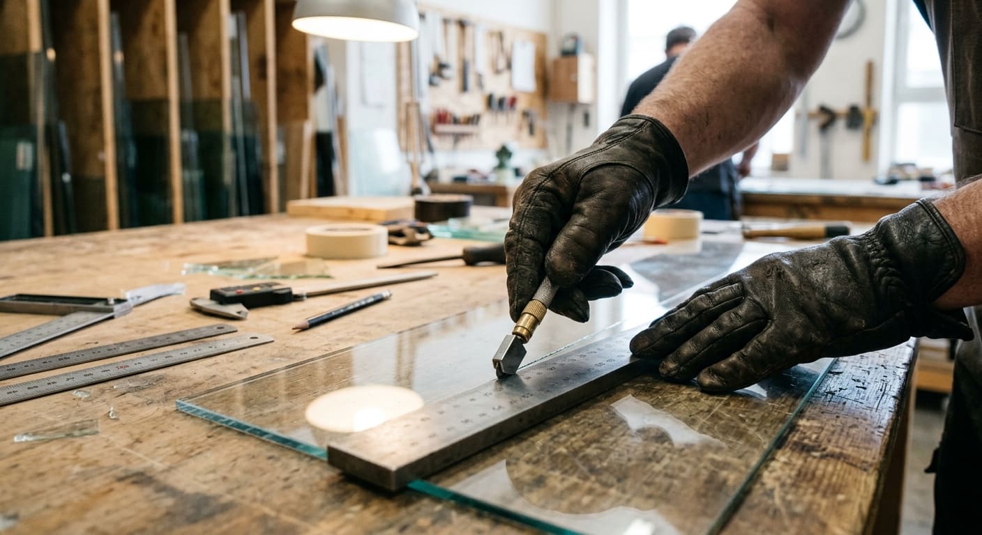 Gloved hands scoring a sheet of glass against a steel straightedge on a fabrication bench