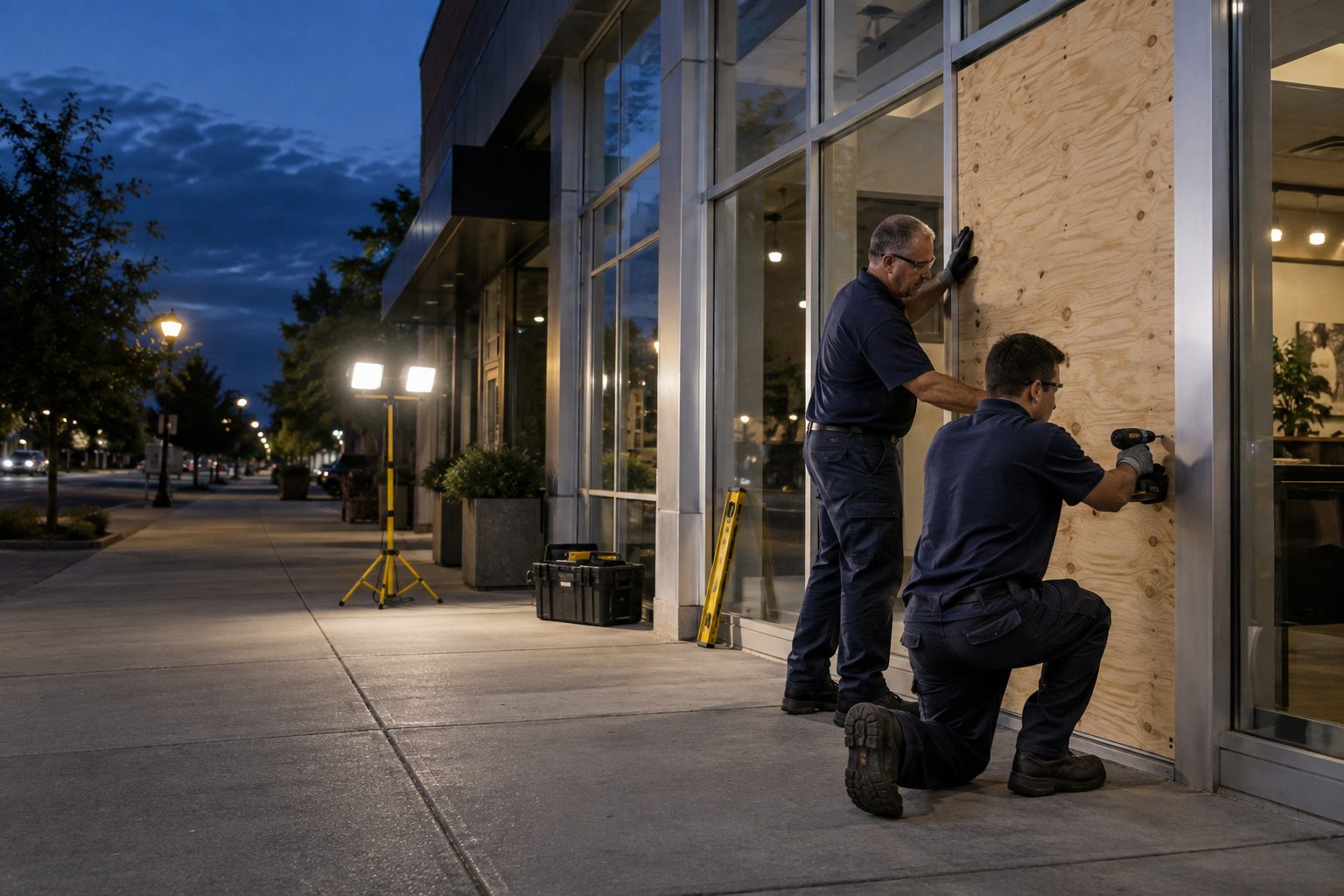 A storefront opening secured with fitted plywood after the glass broke