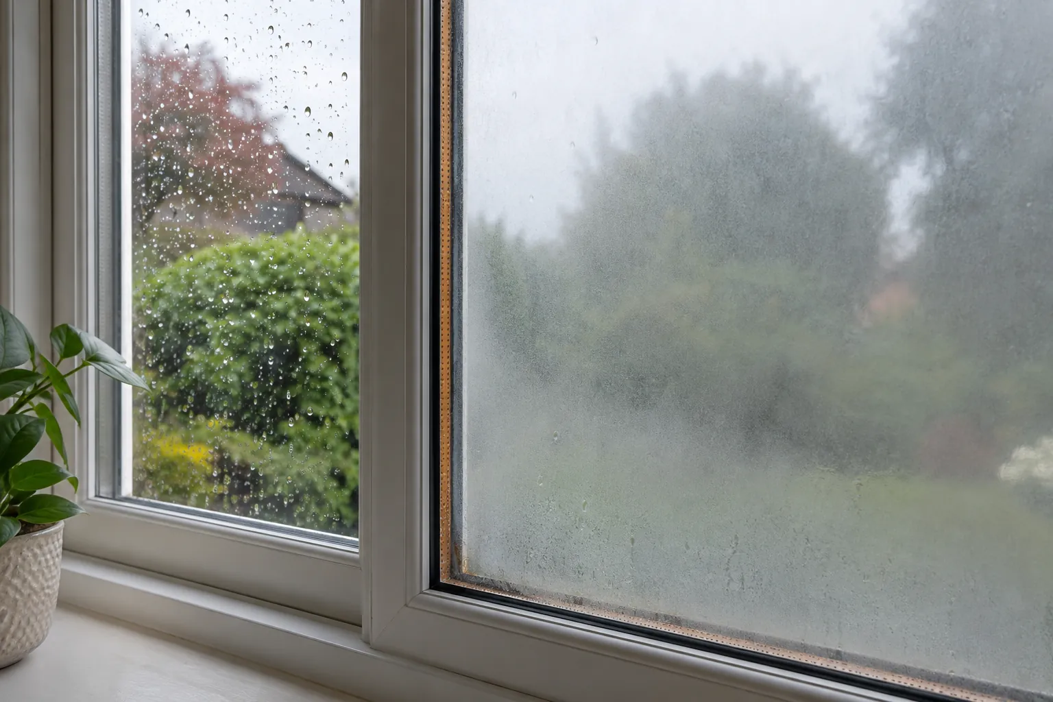 Double-pane window with moisture and haze trapped between the two lites of glass