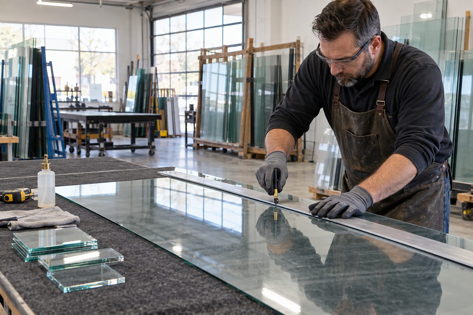 Glass being cut to size in a fabrication shop