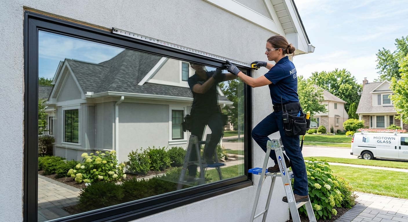 Professional technician measuring window glass for repair