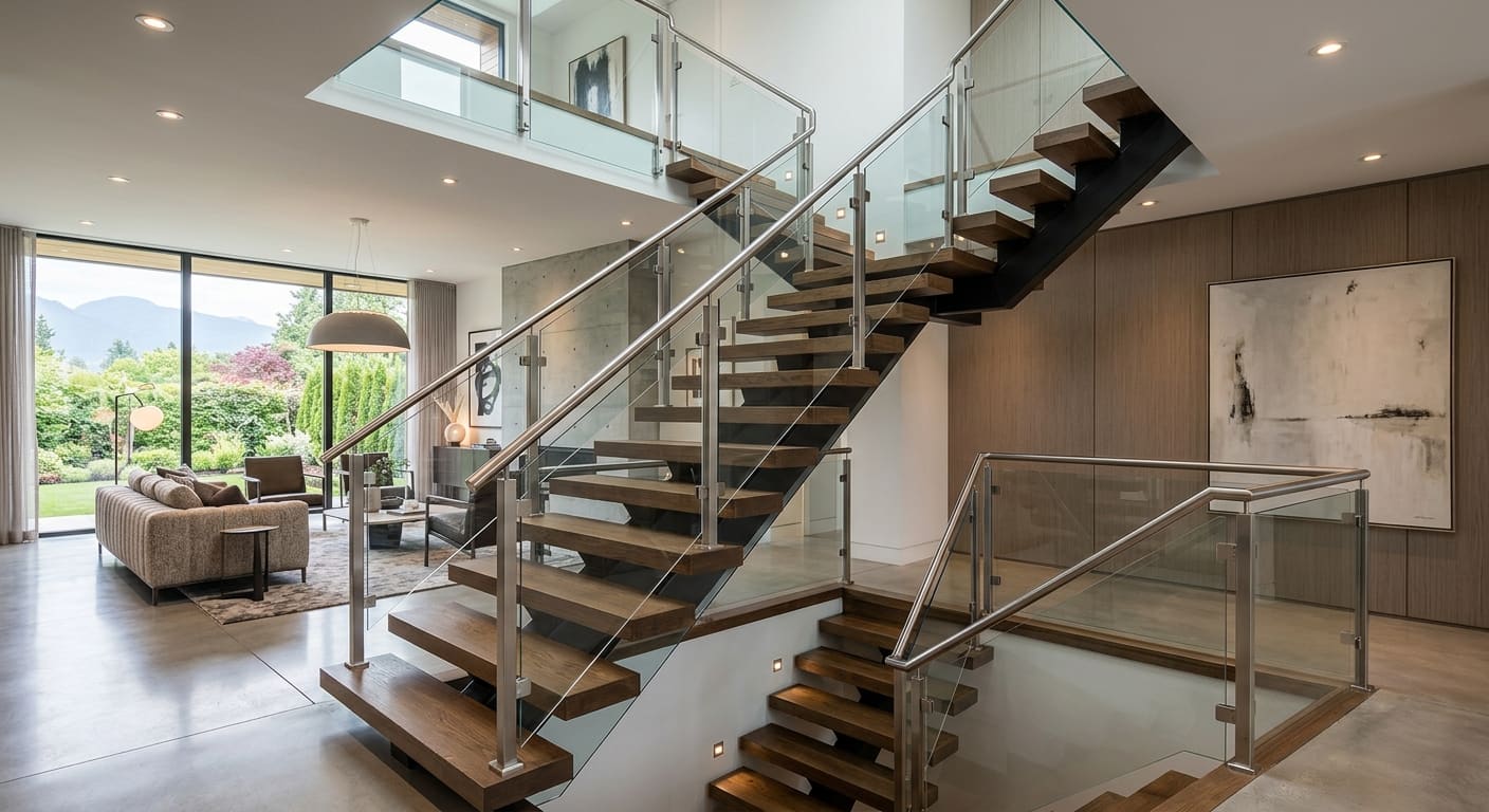 A frameless glass balustrade running alongside a floating wood staircase in a modern open-plan home