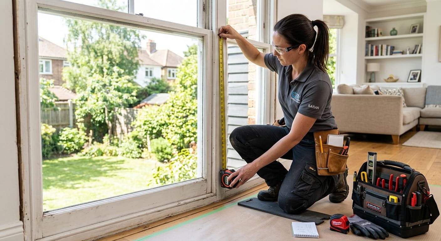 A glass technician kneeling to measure the height of a window opening with a tape measure