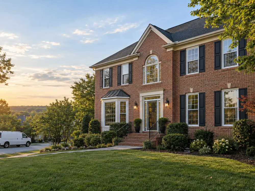 Brick colonial home with double-hung windows, a bay window and a glazed front entry