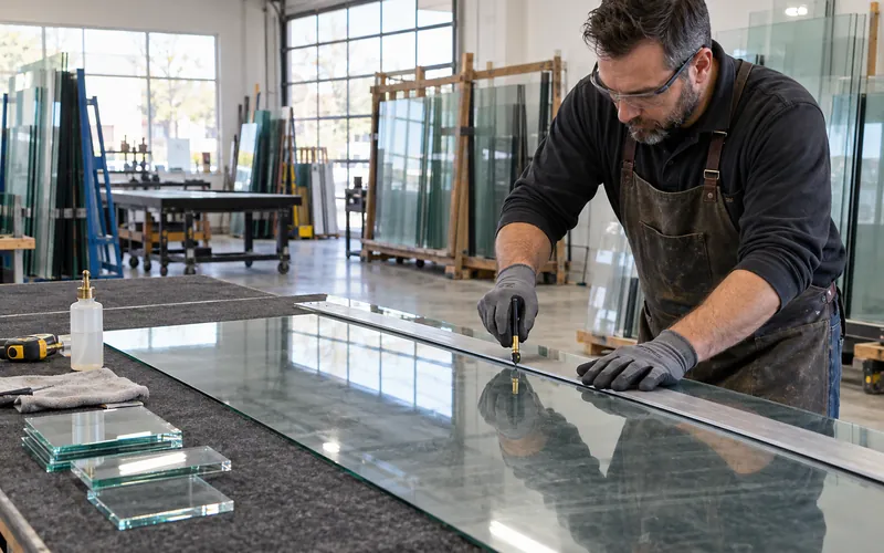 Gloved hands scoring a sheet of glass against a steel straightedge on a fabrication bench