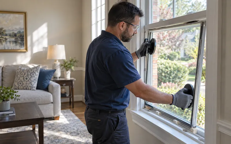 An installer setting a new sealed glass unit into a double-hung window