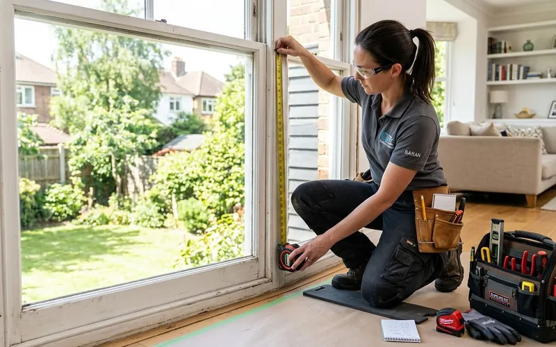 A glass technician kneeling to measure the height of a window opening with a tape measure