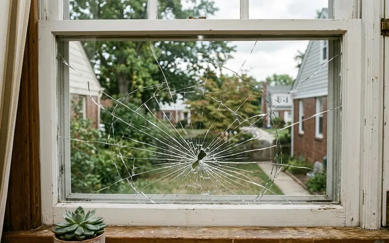 A double-hung window pane cracked in a spider-web pattern, seen from inside a home