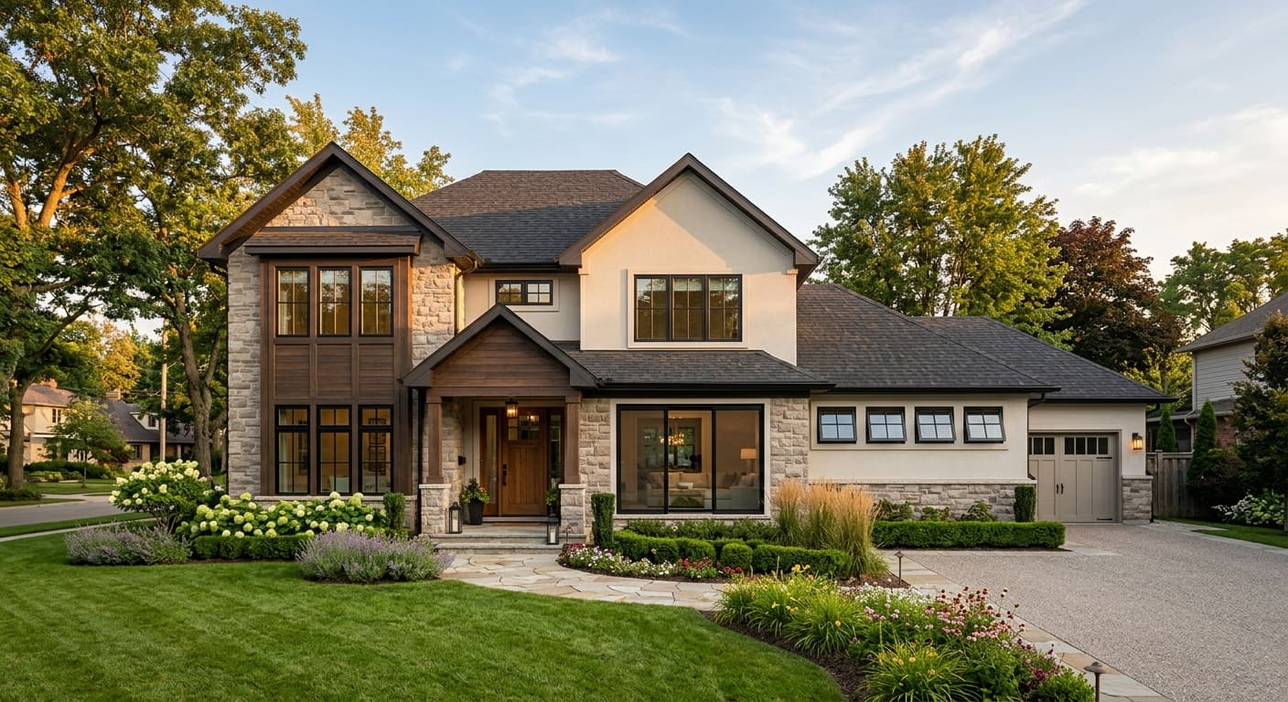 Upscale Northern Virginia home with picture windows, transoms and a glazed entry across the facade