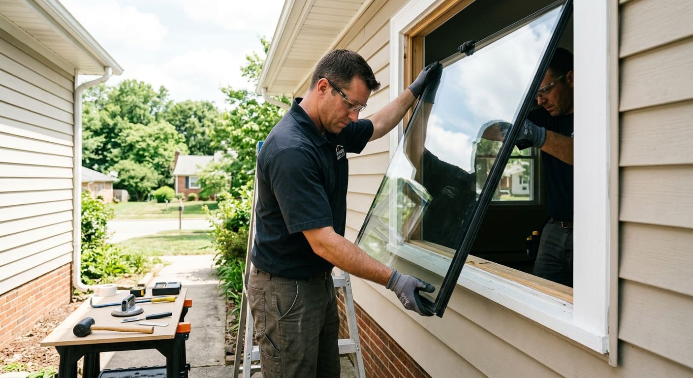 Two installers setting a new glass pane into a residential window frame
